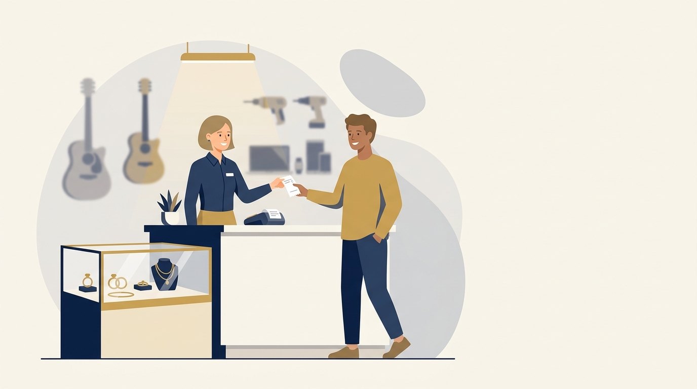 A pawnbroker helping a customer at the counter